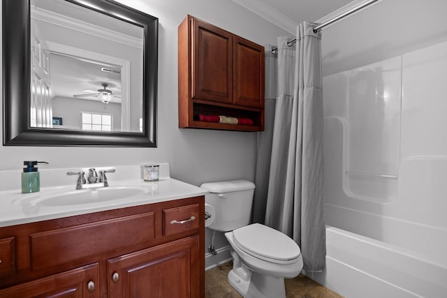 full bathroom featuring toilet, ornamental molding, vanity, shower / bath combo, and a ceiling fan
