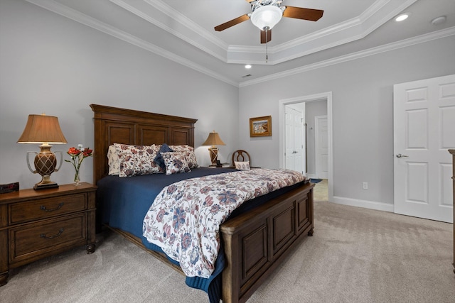 bedroom with light carpet, recessed lighting, crown molding, a tray ceiling, and baseboards