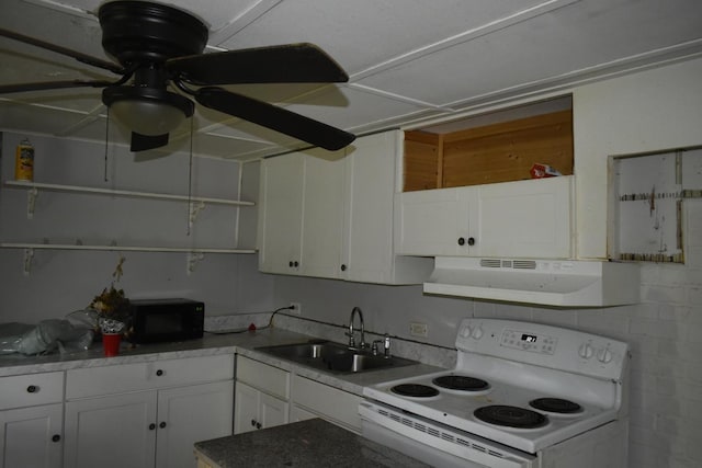 170 Lavenia Cir, Chickamauga, GA 30707 - kitchen with electric stove, under cabinet range hood, a sink, and open shelves