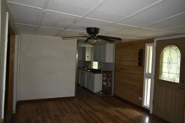 170 Lavenia Cir, Chickamauga, GA 30707 - foyer entrance with wood walls, ceiling fan, dark wood-style floors, and baseboards