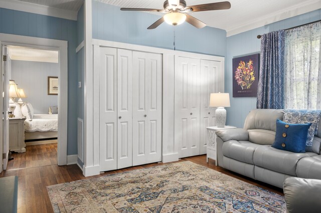 301 Cedar St, Lafayette, GA 30728 - living area featuring a ceiling fan, wood walls, wood finished floors, and crown molding
