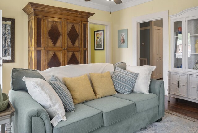 301 Cedar St, Lafayette, GA 30728 - living room featuring ceiling fan, crown molding, and wood finished floors