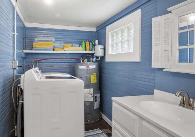 301 Cedar St, Lafayette, GA 30728 - washroom with electric water heater, wooden walls, and washing machine and clothes dryer