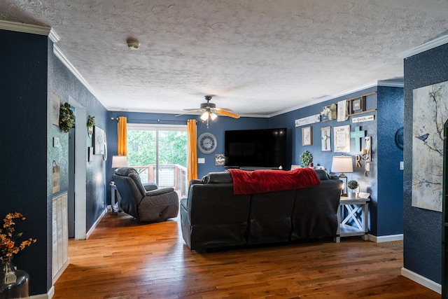 976 Chamberlain Rd, Lafayette, GA 30728 - living room with hardwood / wood-style flooring, ornamental molding, a textured ceiling, a ceiling fan, and a textured wall