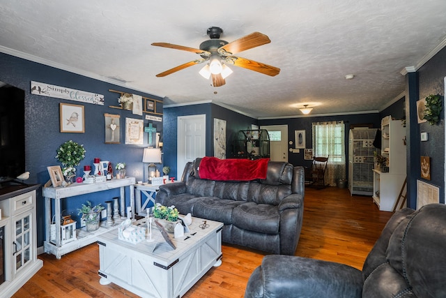 976 Chamberlain Rd, Lafayette, GA 30728 - living room featuring wood finished floors, ceiling fan, crown molding, and a textured ceiling