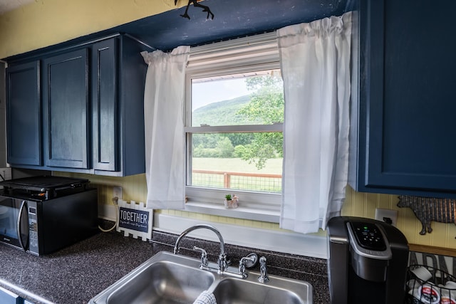 976 Chamberlain Rd, Lafayette, GA 30728 - kitchen featuring a sink, black microwave, healthy amount of natural light, and blue cabinetry