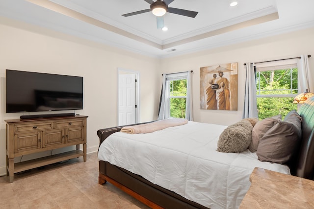 5834 Caney Ridge Cir, Ooltewah, TN 37363 - bedroom featuring multiple windows, a raised ceiling, ornamental molding, recessed lighting, and a ceiling fan