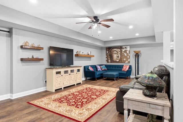 5834 Caney Ridge Cir, Ooltewah, TN 37363 - living room featuring dark wood-type flooring, a ceiling fan, baseboards, and recessed lighting