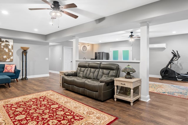 5834 Caney Ridge Cir, Ooltewah, TN 37363 - living room with ceiling fan, wood finished floors, baseboards, recessed lighting, and a wall unit AC