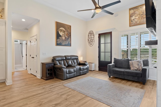 5834 Caney Ridge Cir, Ooltewah, TN 37363 - living area with ornamental molding, ceiling fan, light wood-style floors, baseboards, and recessed lighting