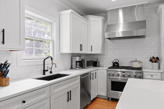715 Forest Ave, Chattanooga, TN 37405 - kitchen featuring wall chimney range hood, appliances with stainless steel finishes, ornamental molding, tasteful backsplash, and a sink