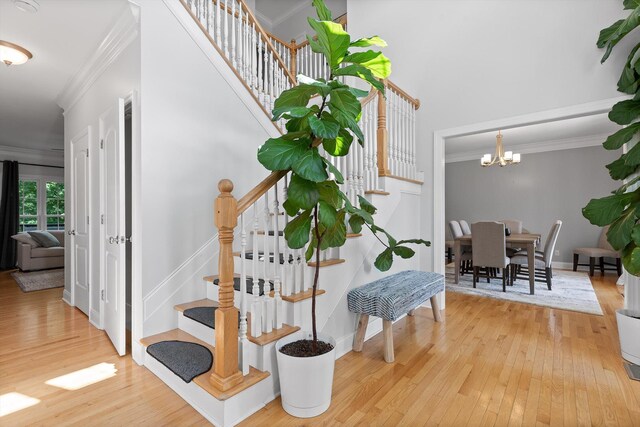 715 Forest Ave, Chattanooga, TN 37405 - stairs featuring crown molding, hardwood / wood-style flooring, and a chandelier