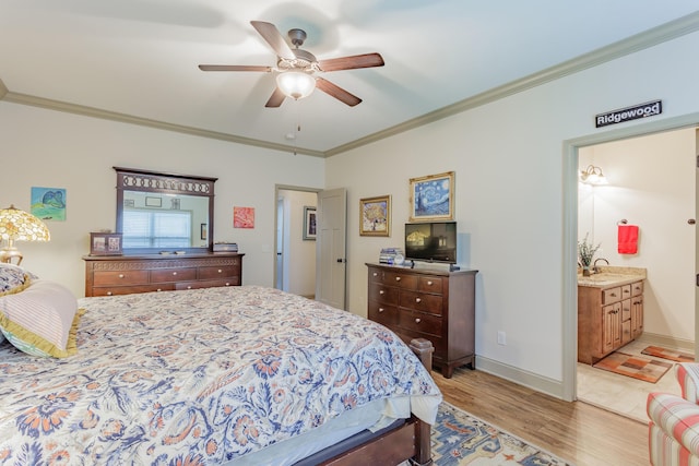 634 Gadd Rd, Hixson, TN 37343 - bedroom with light wood finished floors, crown molding, baseboards, ensuite bathroom, and a ceiling fan