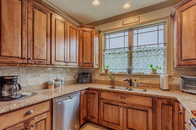 634 Gadd Rd, Hixson, TN 37343 - kitchen featuring dishwasher, a sink, brown cabinets, crown molding, and recessed lighting