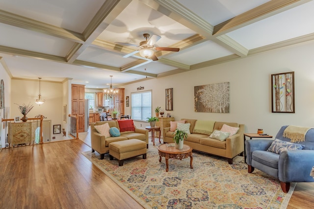 634 Gadd Rd, Hixson, TN 37343 - living room with light wood-style floors, coffered ceiling, a chandelier, a ceiling fan, and beamed ceiling