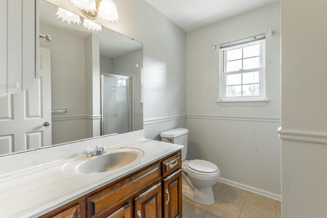 13709 Stormer Rd, Soddy Daisy, TN 37379 - full bathroom featuring tile patterned flooring, a shower with shower door, vanity, toilet, and baseboards