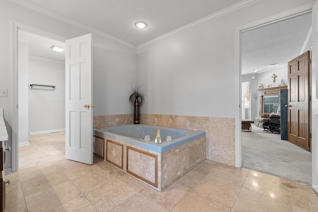 bathroom with a textured ceiling, a bath, crown molding, tile patterned flooring, and recessed lighting