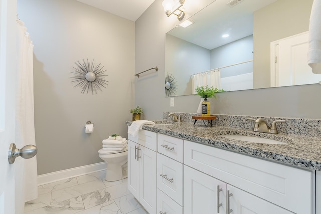11 Woodvale Ave, Chattanooga, TN 37411 - full bathroom with marble finish floors, toilet, baseboards, double vanity, and a shower with shower curtain