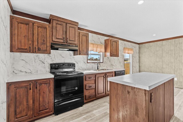 kitchen featuring under cabinet range hood, black appliances, a sink, light wood-type flooring, and decorative backsplash