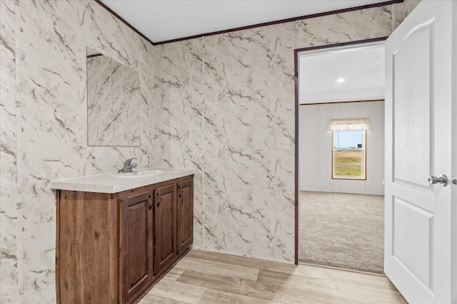 bathroom featuring ornamental molding, vanity, and wood finished floors