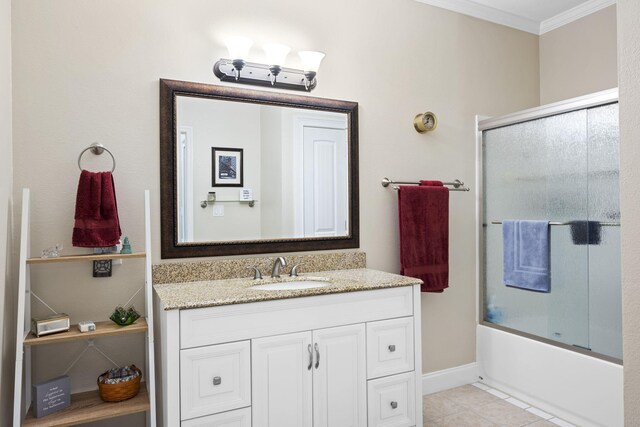 12204 Plow Ln, Soddy Daisy, TN 37379 - bathroom featuring ornamental molding, vanity, tile patterned floors, bath / shower combo with glass door, and baseboards