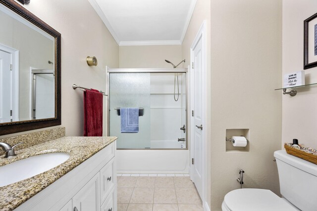 12204 Plow Ln, Soddy Daisy, TN 37379 - full bath with toilet, vanity, ornamental molding, tile patterned flooring, and bath / shower combo with glass door