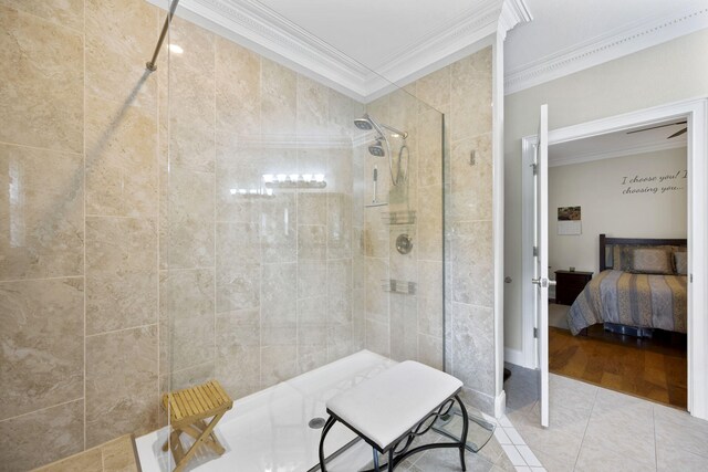 12204 Plow Ln, Soddy Daisy, TN 37379 - ensuite bathroom featuring crown molding, a tile shower, and tile patterned floors