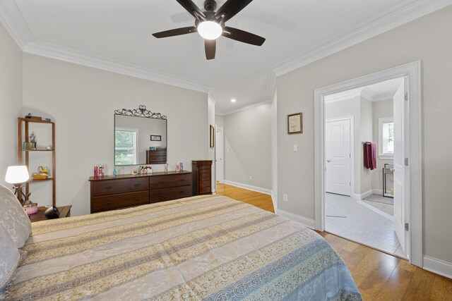 12204 Plow Ln, Soddy Daisy, TN 37379 - bedroom featuring wood finished floors, crown molding, baseboards, recessed lighting, and a ceiling fan