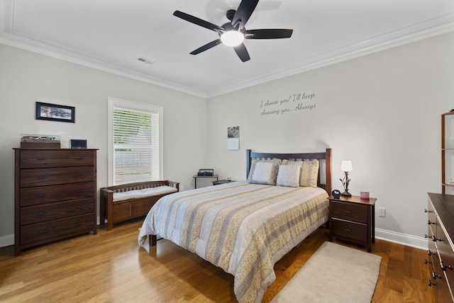 12204 Plow Ln, Soddy Daisy, TN 37379 - bedroom featuring ornamental molding, wood finished floors, baseboards, and ceiling fan