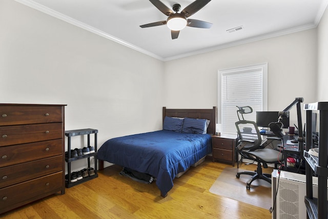 12204 Plow Ln, Soddy Daisy, TN 37379 - bedroom featuring light wood-style floors, ornamental molding, a desk, and a ceiling fan