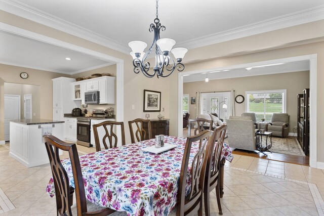 12204 Plow Ln, Soddy Daisy, TN 37379 - dining area with light tile patterned floors, a chandelier, ornamental molding, baseboards, and recessed lighting