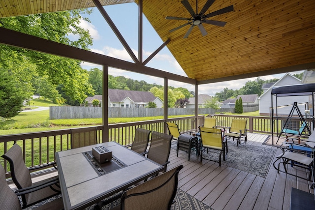 12204 Plow Ln, Soddy Daisy, TN 37379 - wooden deck featuring outdoor dining space, a residential view, and ceiling fan