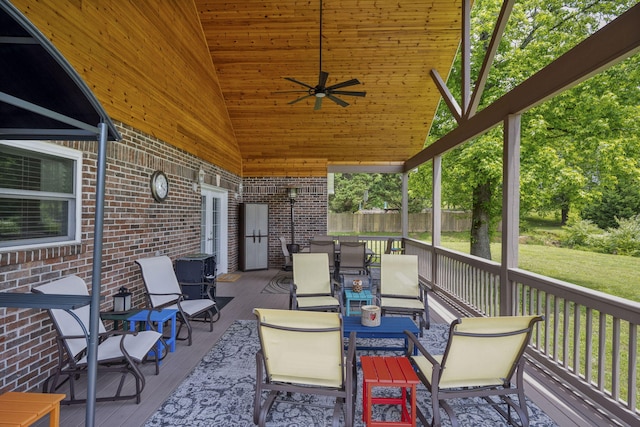12204 Plow Ln, Soddy Daisy, TN 37379 - view of patio featuring a wooden deck, outdoor dining area, ceiling fan, and fence