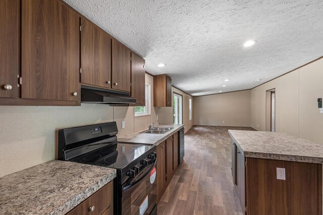 398 Jodie Ln, Dayton, TN 37321 - kitchen featuring black appliances, under cabinet range hood, a sink, dark wood-style floors, and a textured ceiling