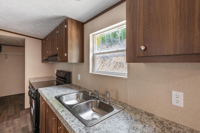 398 Jodie Ln, Dayton, TN 37321 - kitchen with black / electric stove, a sink, under cabinet range hood, dark wood-style flooring, and a textured ceiling