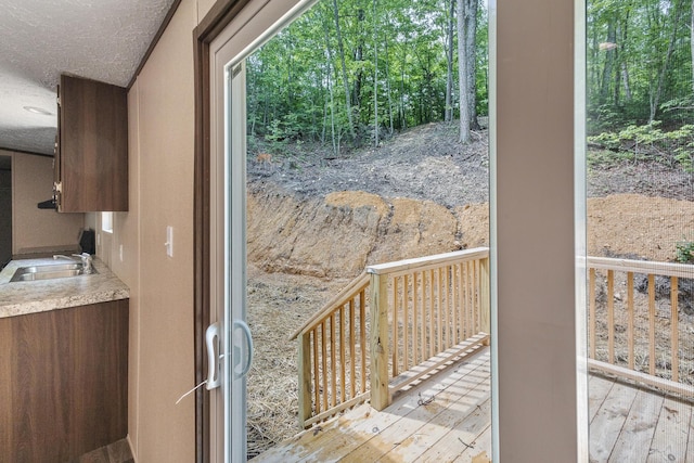 398 Jodie Ln, Dayton, TN 37321 - doorway to outside with a textured ceiling, a sink, and light wood-style floors
