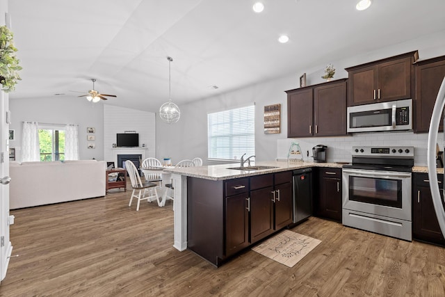 kitchen with appliances with stainless steel finishes, a sink, a peninsula, dark brown cabinetry, and ceiling fan