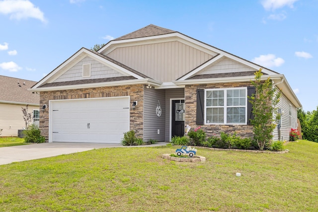 craftsman inspired home with a garage, a front lawn, concrete driveway, board and batten siding, and stone siding