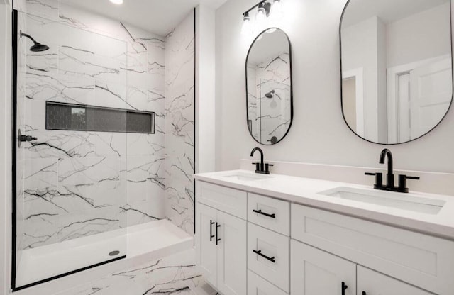 1924 Wilberforce St, Chattanooga, TN 37421 - bathroom featuring marble finish flooring, double vanity, a marble finish shower, and recessed lighting