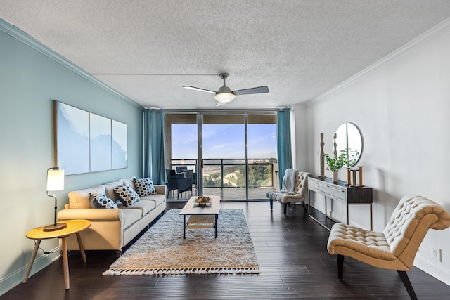 1131 Stringers Ridge Rd Unit 11G, Chattanooga, TN 37405 - living room with crown molding, a textured ceiling, a wall of windows, wood finished floors, and baseboards