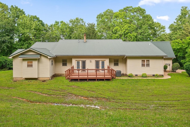 6601 Hunter Rd, Harrison, TN 37341 - rear view of house with french doors, central AC unit, crawl space, metal roof, and a wooden deck