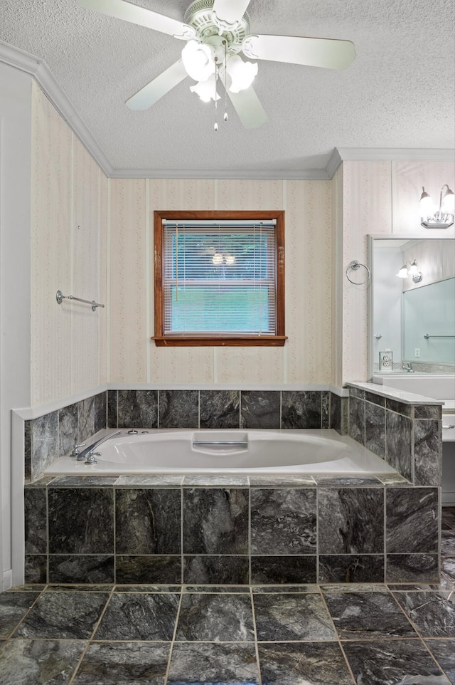 6601 Hunter Rd, Harrison, TN 37341 - full bath with a textured ceiling, ornamental molding, a bath, ceiling fan, and wallpapered walls
