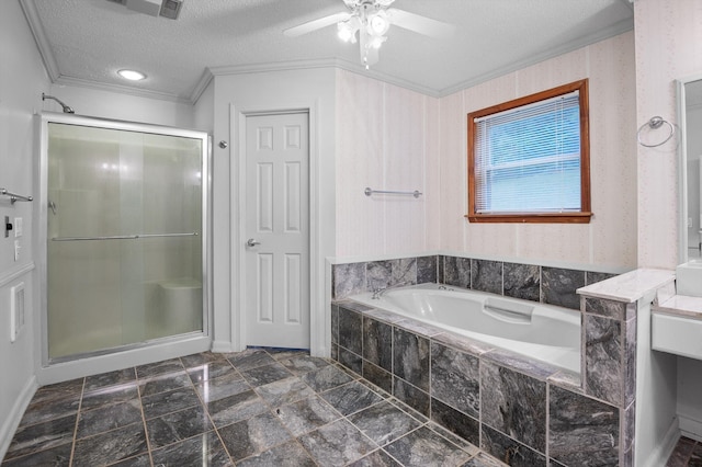 6601 Hunter Rd, Harrison, TN 37341 - bathroom with a shower stall, a textured ceiling, ornamental molding, a bath, and ceiling fan