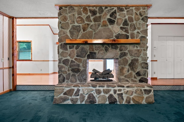 6601 Hunter Rd, Harrison, TN 37341 - detailed view of carpet, baseboards, a fireplace, and a textured ceiling