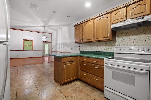6601 Hunter Rd, Harrison, TN 37341 - kitchen with electric stove, under cabinet range hood, dark countertops, freestanding refrigerator, and a peninsula