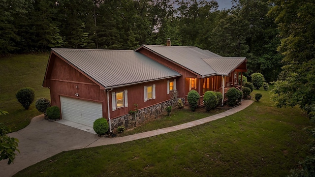 6601 Hunter Rd, Harrison, TN 37341 - rustic home with a standing seam roof, metal roof, driveway, a front lawn, and a chimney