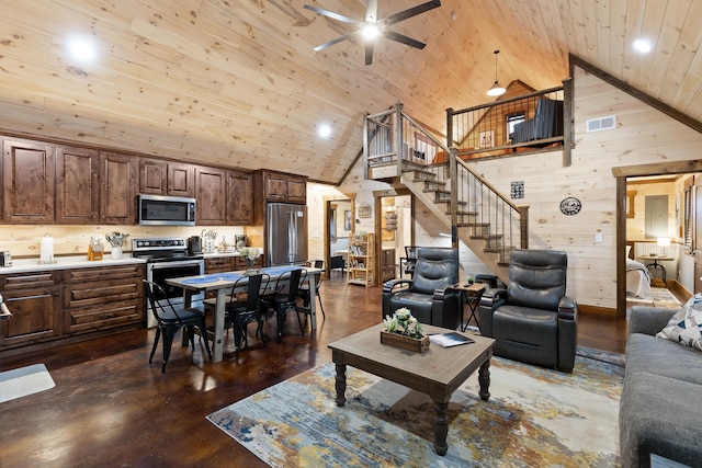 living area with wood ceiling, high vaulted ceiling, ceiling fan, stairs, and recessed lighting