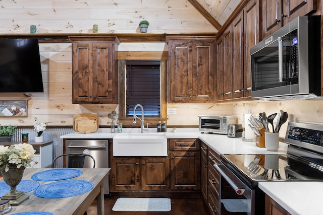 kitchen with appliances with stainless steel finishes, a sink, light countertops, and dark brown cabinets