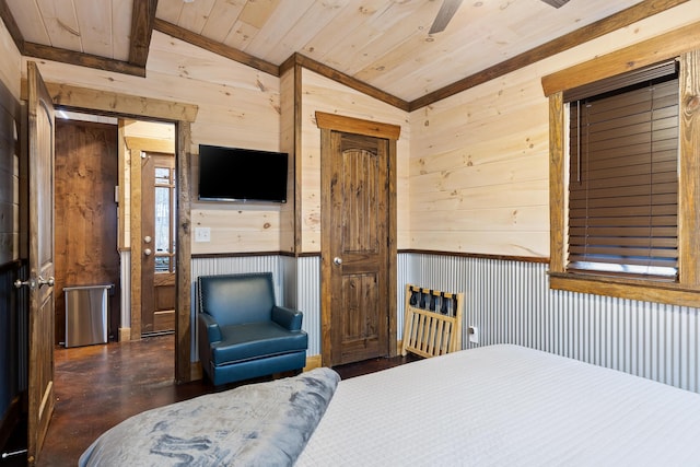 bedroom with wooden ceiling, wooden walls, and vaulted ceiling