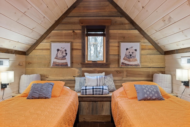 bedroom featuring wooden ceiling, lofted ceiling, and wooden walls